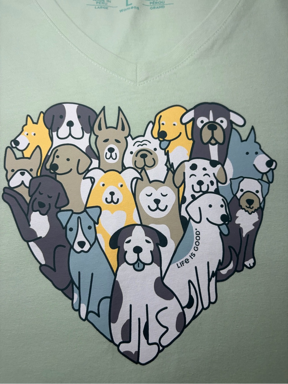 Life Is Good Mint Green V-Neck Tee with Heart Puppy Graphic - Picture 10 of 15